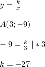 y = \frac{k}{x} \\\\
A(3;-9) \\\\
-9 = \frac{k}{3} \ | * 3 \\\\
k = - 27