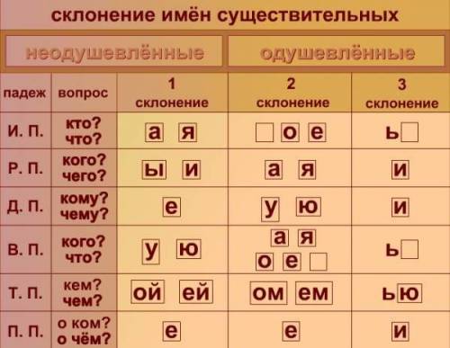 Таблица оканчаний имён существительное 1скл 2 и 3