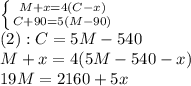 \left \{ {{M+x=4(C-x)} \atop {C+90=5(M-90)}} \right. \\ 
(2): C=5M-540 \\
 M+x=4(5M-540-x) \\
19M=2160+5x \\ 

