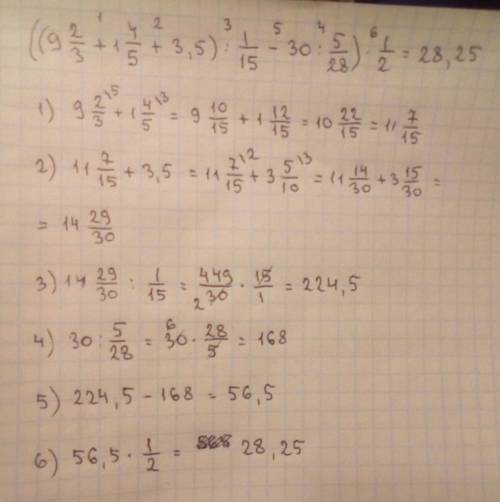 ((9 2/3+1 4/5+3,5): 1/15-30: 5/28)*1/2решите по действиям обязательно расписывать