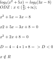 log_2(x^{2}+5x)=log_2(3x-8) \\ 
ODZ:x\in( \frac{8}{3};+\infty); \\ \\ 
x^{2}+5x=3x-8 \\ \\ 
x{2}+5x-3x+8=0 \\ \\ 
x^{2}+2x+8=0 \\ \\ 
D=4-4*1*8=\ \textgreater \ D\ \textless \ 0 \\ \\ 
x\notin R