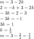 m=3-2k
\\2=-k+3-2k
\\-3k=2-3
\\-3k=-1
\\3k=1
\\k=\frac{1}{3}
\\m=3- \frac{2}{3}= \frac{7}{3}
