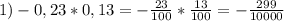 1)-0,23*0,13= -\frac{23}{100} * \frac{13}{100} =- \frac{299}{10000} 
