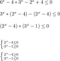 6^{x}-4*3^{x}-2^{x}+4 \leq 0 \\ \\ 
3^{x}*(2^{x}-4)-(2^{x}-4) \leq 0 \\ \\ 
(2^{x}-4)*(3^{x}-1) \leq 0 \\ \\ \\ 
 \left \{ {{2^{x}-4 \leq 0} \atop {3^{x}-1 \geq 0}} \right. \\ \\ 
 \left \{ {{2^{x}-4 \geq 0} \atop {3^{x}-1 \leq 0}} \right. 
