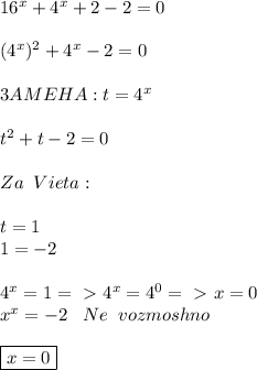 16^x+4^x+2-2=0 \\ \\ 
(4^x)^2+4^x-2=0 \\ \\ 
3AMEHA: t=4^x \\ \\ 
t^2+t-2=0 \\ \\ 
Za \;\; Vieta: \\ \\ 
t=1 \\ 
1=-2 \\ \\ 
4^x=1 =\ \textgreater \ 4^x=4^0=\ \textgreater \ x=0\\ 
x^x=-2 \;\;\;Ne \;\; vozmoshno \\ \\ 
\boxed {x=0}
