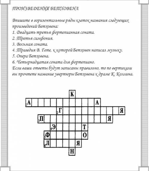 Составьте кроссворд о творчестве и жизни бетховена. (10 слов)