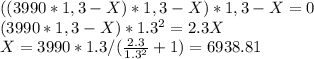 ((3990*1,3-X)*1,3 -X)*1,3 - X = 0\\
(3990*1,3-X)*1.3^2 = 2.3X\\
X = 3990*1.3/(\frac{2.3}{1.3^2}+1)=6938.81