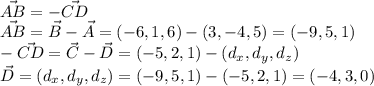 \vec{AB}=-\vec{CD}\\
\vec{AB}=\vec{B}-\vec{A}=(-6,1,6)-(3,-4,5)=(-9,5,1)\\
-\vec{CD}=\vec{C}-\vec{D}=(-5,2,1)-(d_x,d_y,d_z)\\
\vec{D}=(d_x,d_y,d_z)=(-9,5,1)-(-5,2,1)=(-4,3,0)