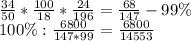 \frac{34}{50} * \frac{100}{18}* \frac{24}{196} = \frac{68}{147} -99\%\\
100\%: \frac{6800}{147*99} = \frac{6800}{14553}