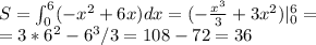S=\int_0^6(-x^2+6x)dx=(-\frac{x^3}{3}+3x^2)|_0^6=\\
=3*6^2-6^3/3=108-72=36