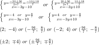 \left \{ {y=\frac{-20\pm36}{2*7}=\frac{-10\pm18}{7}} \atop {x=-3y-10}} \right.\ or\ \left \{ {{y=\frac{20\pm36}{2*7}=\frac{10\pm18}{7}} \atop {x=-3y+10}} \right. \\\\
 \left \{ {{y=-4\ \ or\ \ y=\frac{8}{7}} \atop {x=-3y-10}} \right.\ \ or\ \ \left \{ {{y=4\ \ or\ \ y=-\frac{8}{7}} \atop {x=-3y+10}} \right. \\\\
(2;\ -4)\ or\ (-\frac{94}{7};\ \frac{8}{7})\ or\ (-2;\ 4)\ or\ (\frac{94}{7};\ -\frac{8}{7})\\\\
(\pm2;\ \mp4)\ or\ (\pm\frac{94}{7};\ \mp\frac{8}{7})