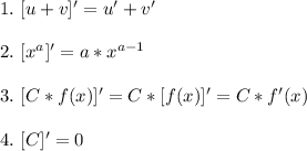 1.\ [u+v]'=u'+v'\\\\
2.\ [x^a]'=a*x^{a-1}\\\\
3.\ [C*f(x)]'=C*[f(x)]'=C*f'(x)\\\\4.\ [C]'=0