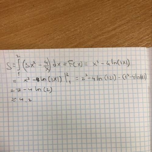 Интеграл s2(верх) 1(низ) (3x^2-4/x)dx