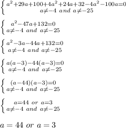 \left \{ {{a^2+29a+100+4a^2+24a+32-4a^2-100a=0} \atop {a\neq-4\ and\ a\neq-25}} \right. \\\\
 \left \{ {{a^2-47a+132=0} \atop {a\neq-4\ and\ a\neq-25}} \right. \\\\
 \left \{ {{a^2-3a-44a+132=0} \atop {a\neq-4\ and\ a\neq-25}} \right. \\\\
 \left \{ {{a(a-3)-44(a-3)=0} \atop {a\neq-4\ and\ a\neq-25}} \right. \\\\
 \left \{ {{(a-44)(a-3)=0} \atop {a\neq-4\ and\ a\neq-25}} \right. \\\\
 \left \{ {{a=44\ or\ a=3} \atop {a\neq-4\ and\ a\neq-25}} \right. \\\\
a=44\ or\ a=3