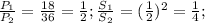 \frac{ P_{1}}{P_{2}} = \frac{18}{36} = \frac{1}{2};
\frac{ S_{1}}{S_{2}} = ( \frac{1}{2} )^{2} = \frac{1}{4} ;