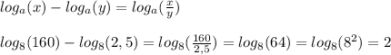 log_a(x)-log_a(y)=log_a( \frac{x}{y}) \\ \\ 
log_8(160)-log_8(2,5)=log_8( \frac{160}{2,5})=log_8(64)=log_8(8^2) =2