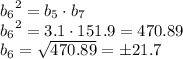 {b_6}^2=b_{5} \cdot b_{7} \\ {b_6}^2=3.1 \cdot 151.9=470.89 \\ b_6= \sqrt{470.89}=б21.7
