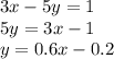 3x-5y=1 \\ 
5y=3x-1 \\ 
y=0.6x-0.2