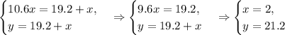 \begin{cases} 10.6x=19.2+x,\\ y=19.2+x \end{cases}\Rightarrow
\begin{cases} 9.6x=19.2,\\ y=19.2+x \end{cases}\Rightarrow
\begin{cases} x=2,\\ y=21.2 \end{cases}