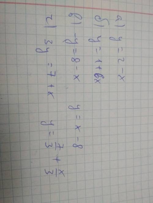 Выразите y через x a) x+y=2 б) у-6х=1 в) х-у=8 г) 3у-х=7 )