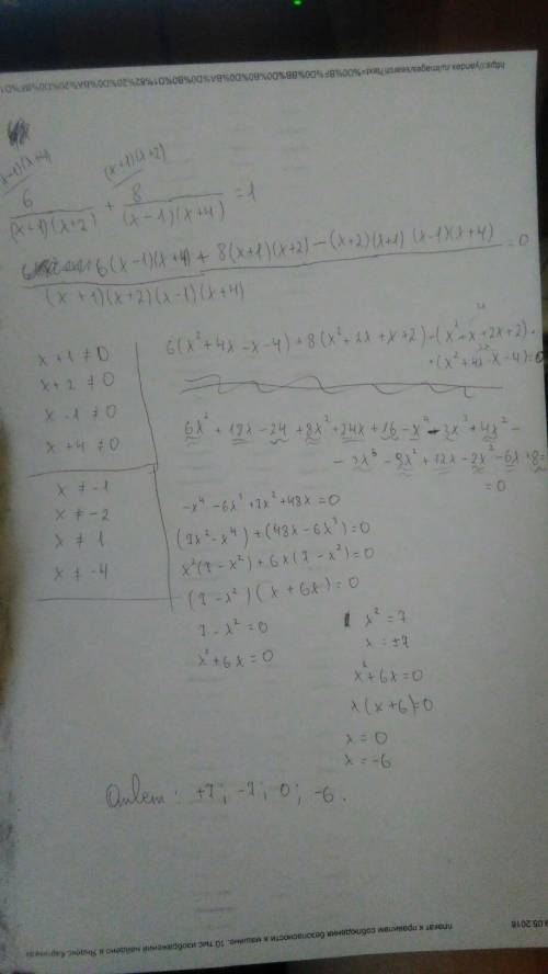 6/(х+1)(х+2)+8/(х-1)(х+4)=1 решить