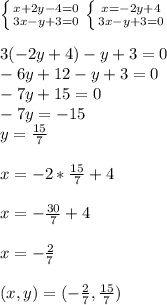 \left \{ {{x+2y-4=0} \atop {3x-y+3=0}} \right. \left \{ {{x=-2y+4} \atop {3x-y+3=0}} \right.\\ 
\\3(-2y+4)-y+3=0
\\-6y+12-y+3=0
\\-7y+15=0
\\-7y=-15
\\y= \frac{15}{7}\\ 
\\x=-2* \frac{15}{7}+4\\ 
\\x= -\frac{30}{7} +4\\
\\x= -\frac{2}{7} \\
\\(x,y)=(- \frac{2}{7} , \frac{15}{7})
