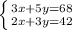 \left \{ {{3x+5y=68} \atop {2x+3y=42}} \right. 
