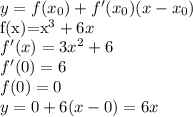 y=f(x_0) + f'(x_0)(x-x_0)

f(x)=x^3+6x \\
f'(x)=3x^2+6 \\ f'(0)=6 \\ f(0)=0 \\ y=0+6(x-0)=6x