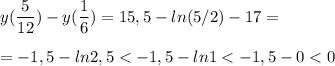 \displaystyle y(\frac{5}{12} )-y(\frac{1}{6})=15,5-ln(5/2)-17=\\\\=-1,5-ln2,5