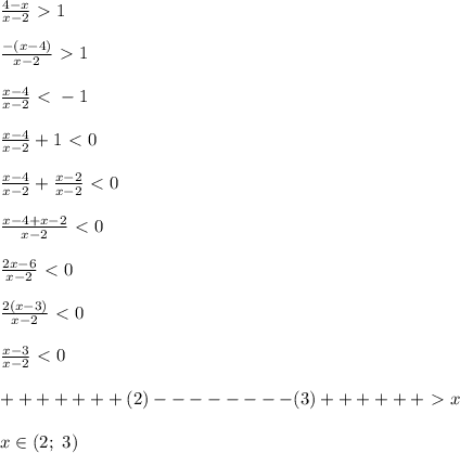 \frac{4-x}{x-2}\ \textgreater \ 1\\\\
\frac{-(x-4)}{x-2}\ \textgreater \ 1\\\\
\frac{x-4}{x-2}\ \textless \ -1\\\\
\frac{x-4}{x-2}+1\ \textless \ 0\\\\
\frac{x-4}{x-2}+\frac{x-2}{x-2}\ \textless \ 0\\\\
\frac{x-4+x-2}{x-2}\ \textless \ 0\\\\
\frac{2x-6}{x-2}\ \textless \ 0\\\\
\frac{2(x-3)}{x-2}\ \textless \ 0\\\\
\frac{x-3}{x-2}\ \textless \ 0\\\\
+++++++(2)--------(3)++++++\ \textgreater \ x\\\\
x\in(2;\ 3)