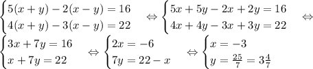\begin {cases} 5(x+y) - 2(x-y) =16 \\ 4(x+y) - 3(x-y) =22 \end {cases} \Leftrightarrow \begin {cases} 5x+5y - 2x+2y =16 \\ 4x+4y - 3x+3y =22 \end {cases} \Leftrightarrow \\ \begin {cases} 3x+7y =16 \\ x+7y =22 \end {cases} \Leftrightarrow \begin {cases} 2x=-6 \\ 7y =22-x \end {cases} \Leftrightarrow
\begin {cases} x=-3 \\ y = \frac{25}{7}=3 \frac{4}{7} \end {cases}