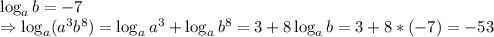 \log_ab=-7\\
\Rightarrow 
\log_a(a^3b^8)= \log_aa^3+\log_ab^8=3+8\log_ab=3+8*(-7)=-53