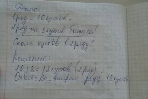 В1 ряду 10 кустов смородины,а в другом на 8 кустов больше.сколько кустов во втором ряду?