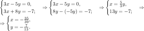\begin{cases}3x-5y=0,\\3x+8y=-7;\end{cases}\Rightarrow\begin{cases}3x-5y=0,\\8y-(-5y)=-7;\end{cases}\Rightarrow\begin{cases}x=\frac{5}{3}y,\\13y=-7;\end{cases}\Rightarrow\\
\Rightarrow\begin{cases}x=-\frac{35}{39},\\y=-\frac{7}{13}.\end{cases}