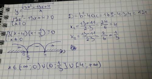 Найти область определения в числителе под корнем 3х^2 - 13х+4, в знаменателе х