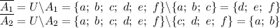 \overline{A_1}=U\backslash A_1=\{a; \ b; \ c; \ d; \ e; \ f\}\backslash\{a; \ b; \ c\}=\{d; \ e; \ f\}
\\\
\overline{A_2}=U\backslash A_2=\{a; \ b; \ c; \ d; \ e; \ f\}\backslash\{c; \ d; \ e; \ f\}=\{a; \ b\}