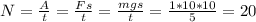 N=\frac{A}{t} = \frac{F s}{t} = \frac{m g s}{t} = \frac{1*10*10}{5} = 20