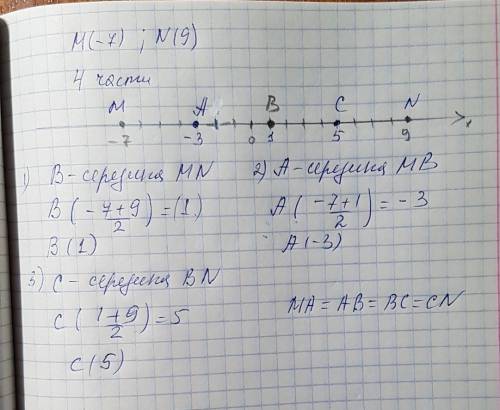 Определи координаты точек a, b, c(отложенных от точки m), которые делят отрезок mn на четыре равные