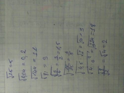 Вычислите: а)√25; б)√0.04; в)√144; г)√81; д)√9/4; е)√16/25; ж)√4.5*√2; з)√4*9²; и)√8/√2.