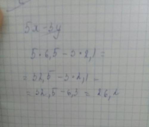 Найдите значение выражения 5x-3y при x=6,5 y=2,1