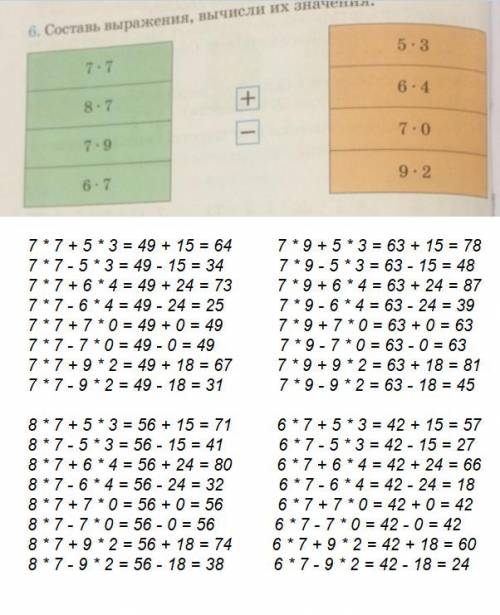 Составь выражения,вычисли их значения. 7*7 8*7 7*9 6*7 +- 5*3. 6*4 7*0 9*2