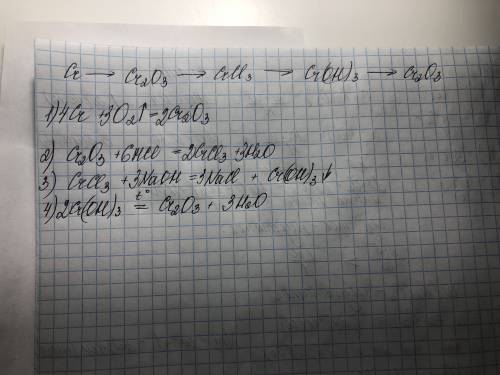 Напишите реакцию следующих превращений: cr→cr2o3→crcl3→cr(oh)3→cr2o3