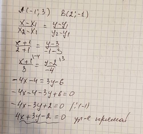 Найти уравнение прямой проходящей через точки (-1,3) и (2,-1)