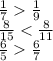 \frac{1}{7} \frac{1}{9} \\ \frac{8}{15} < \frac{8}{11} \\ \frac{6}{5} \frac{6}{7} \\