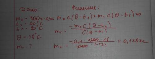 Решить у воду масою 400 г взято при температурі 20c. додали гарячу воду при температурі 90c. визначт
