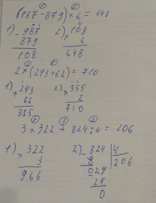 (987-879)×6 2×(293+62) 3×322+824÷4 столбиком 10