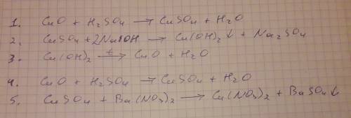 Осуществите следующие превращения: cuo - cuso4 - cu(oh)2 - cuo - cuso4 - baso4