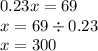 0.23x = 69 \\ x = 69 \div 0.23 \\ x = 300
