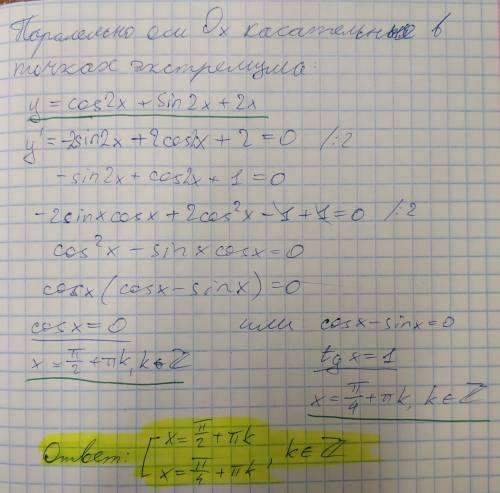 Найти абсциссы точек, в которых касательная к графику данной функции параллельна оси ox y=cos2x+ sin