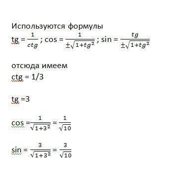 Много ! для острого угла α найдите sin α , cos α и tg α , если ctg=1/3